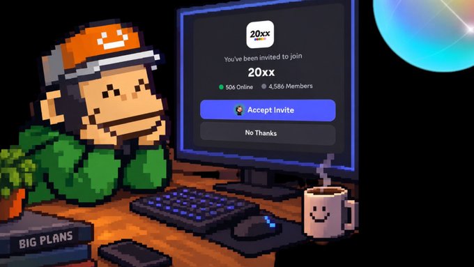 A pixel-style illustration shows a character in an orange cap sitting at a desk with a computer displaying a Discord invite screen reading 'You've been invited to join 20xx' with 506 Online and 4,586 Members, an 'Accept Invite' button, and a coffee mug with a smiley face.