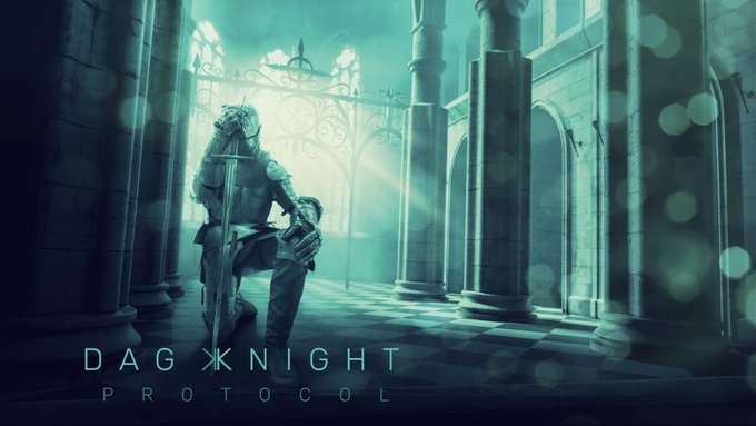 A lone armored knight kneels on a checkered stone floor within a misty, columned hall, illuminated by an ethereal teal glow. The text "DAG KNIGHT PROTOCOL" appears at the bottom, evoking a solemn vow of honor in a mysterious cathedral-like setting.