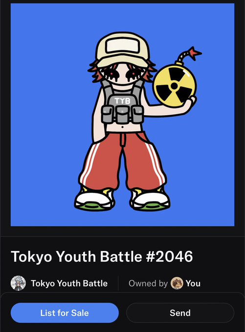 An NFT image titled 'Tokyo Youth Battle #2046' showing a cartoon character holding a bomb, owned by 'You' from the 'Tokyo Youth Battle' collection.
