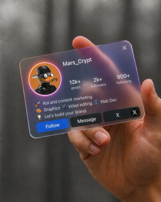 A hand holding a transparent social media profile card for "Mars_Crypt" showing 12k+ posts, 2k+ followers, and 900+ following, with services in KOL/content marketing, graphics, video editing, and web dev, branded with a robotic character avatar.