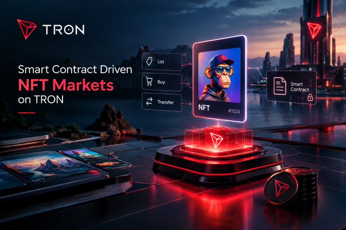 A promotional graphic for TRON advertising "Smart Contract Driven NFT Markets on TRON," featuring an NFT of a monkey character (#1024) alongside icons for List, Buy, and Transfer functions.