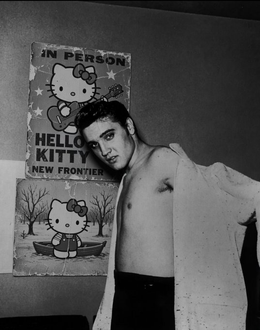 A young Elvis Presley poses shirtless in a black-and-white photo beside vintage "Hello Kitty - New Frontier" concert posters, humorously reimagined in the post as if Elvis were promoting the $KITTY meme coin. The juxtaposition of the iconic singer with the cartoon cat branding creates a comedic retro feel fitting the "throwback" narrative.