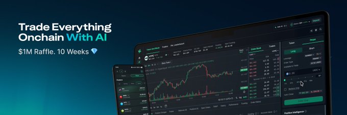 A promotional banner reads 'Trade Everything Onchain With AI' and '$1M Raffle. 10 Weeks' alongside a laptop displaying a cryptocurrency trading dashboard.