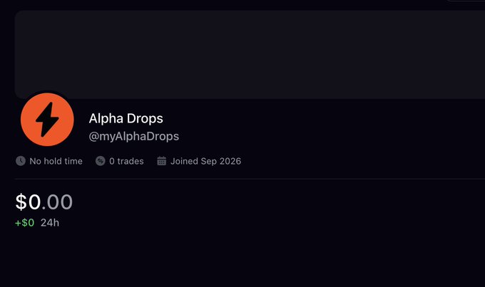 The image shows a profile card for "Alpha Drops" (@myAlphaDrops) on a platform, displaying "$0.00" balance, "0 trades," "No hold time," and a "Joined Sep 2026" timestamp on a dark background. It serves as a visual introduction to the post, in which the user announces their newly created account on @fomo and asks the community for trading suggestions.