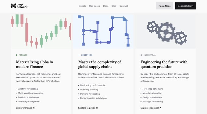 A screenshot of the Quirk Network website homepage, showing use cases for Finance, Logistics, and Industrial sectors, with navigation options including 'Run a Node' and 'Deposit & Earn'.
