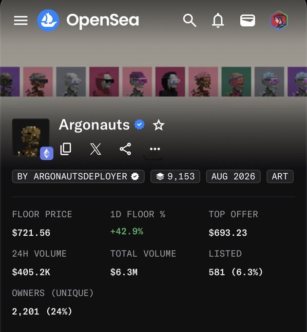 An OpenSea NFT marketplace screenshot showing the 'Argonauts' collection page with floor price of $721.56, total volume of $6.3M, and 2,201 unique owners.