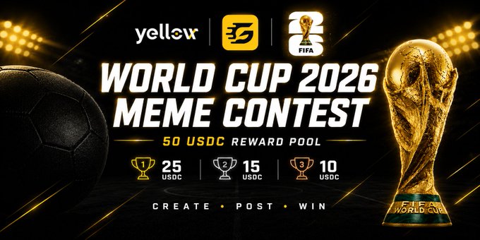 The image features a World Cup 2016 meme contest poster with a soccer ball, trophy, and text related to the competition. The poster includes a list of rewards for participating in the contest, such as a pool of USDC points that can be used to enter the reward pool or win a prize. The post encourages users to create their best World Cup meme and share it on Twitter using the hashtag #YellowWorldCup2026MemeContest.
