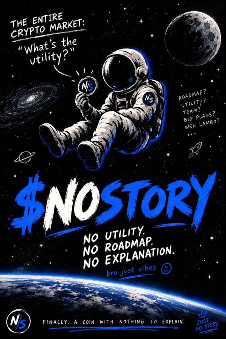 A parody cryptocurrency advertisement titled "$NOSTORY" with the text "No Utility. No Roadmap. No Explanation. bro just vibes," depicting an astronaut floating in space holding an "NS" coin.