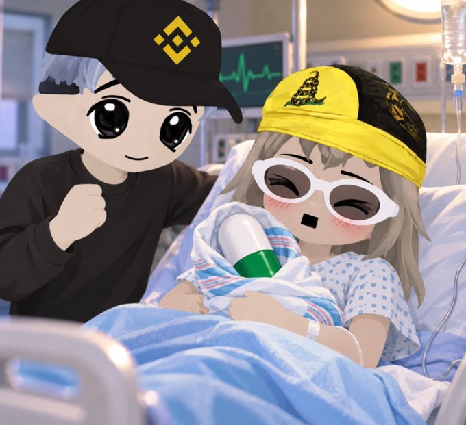 Two chibi anime characters appear in a hospital setting, with a male character in a black cap with a yellow logo and a female patient in a bed holding a pill and green capsule, wearing white sunglasses and a yellow cap featuring what appears to be the Gadsden flag, with the post humorously implying the pill was a missed opportunity to avoid this "situation."