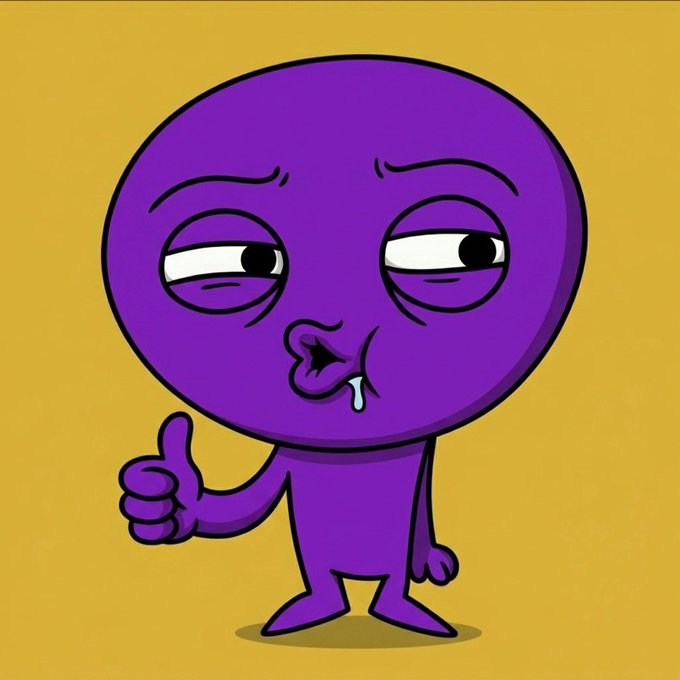 A purple cartoon character with a large round head, droopy eyes, and a small drip of saliva gives a thumbs-up against a yellow background.