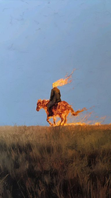 A painted artwork shows a cloaked rider atop a horse entirely made of fire galloping across a dry grass field under a blue sky.