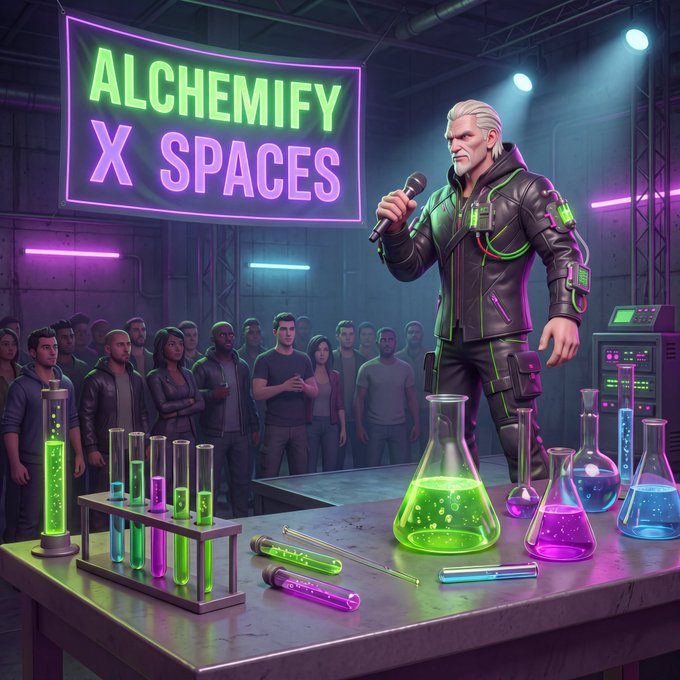 A futuristic neon-lit scene titled 'ALCHEMIFY X SPACES' showing a gray-haired man in a leather jacket holding a microphone before an audience, with colorful glowing chemistry flasks in the foreground.