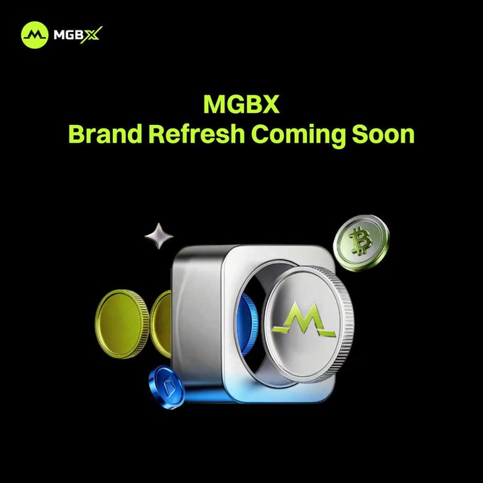 A MGBX exchange announcement featuring a 3D logo and the text 'MGBX Brand Refresh Coming Soon'.