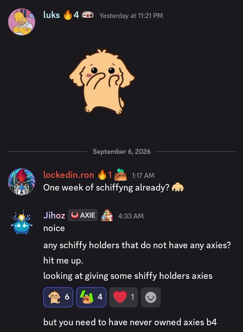 A Discord conversation where users 'lockedin.ron' and 'Jihoz' discuss trading 'schiffy holders' and 'axies' (Axie Infinity crypto assets), posted by user 'luks'.
