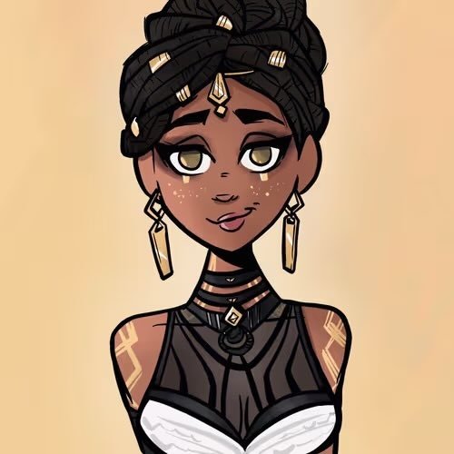 A digital illustration depicts a woman with dark braided hair styled up, gold jewelry, and freckles, wearing a black corset-style top against a tan background.