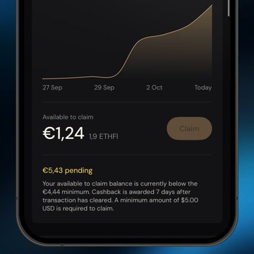A smartphone screen showing a crypto wallet interface with an upward-trending graph, displaying 'Available to claim €1.24' along with '€5.43 pending' and a note about cashback being awarded 7 days after a transaction.