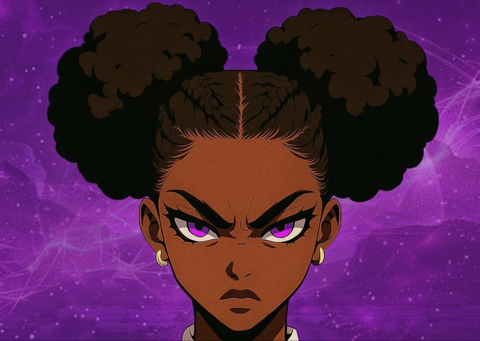 An anime-style illustration of a young woman with dark skin, large purple eyes, and black hair styled in two high puffs, set against a cosmic purple background.