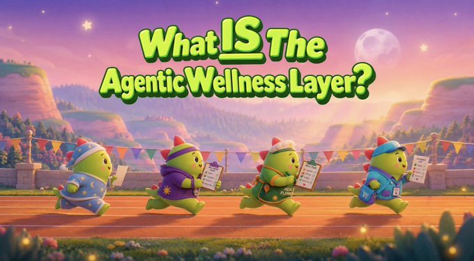 An animated graphic featuring four green cartoon dinosaur characters running with text reading 'What IS The Agentic Wellness Layer?' set against a colorful sunset landscape.