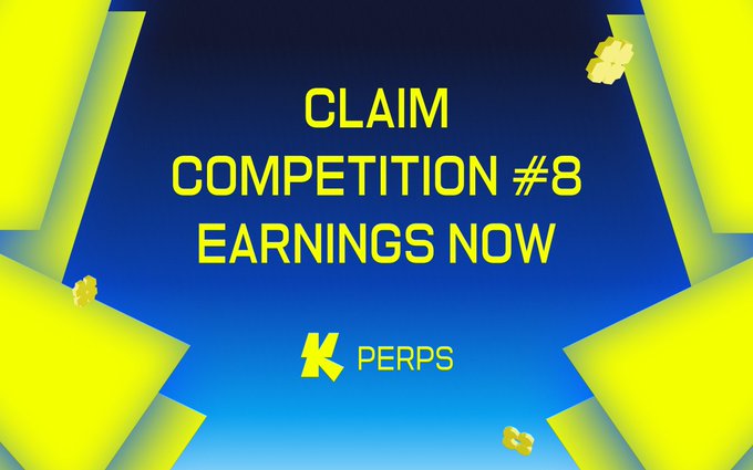 A promotional graphic with yellow text on a blue gradient background: 'CLAIM COMPETITION #8 EARNINGS NOW' featuring the 'PERPS' logo.