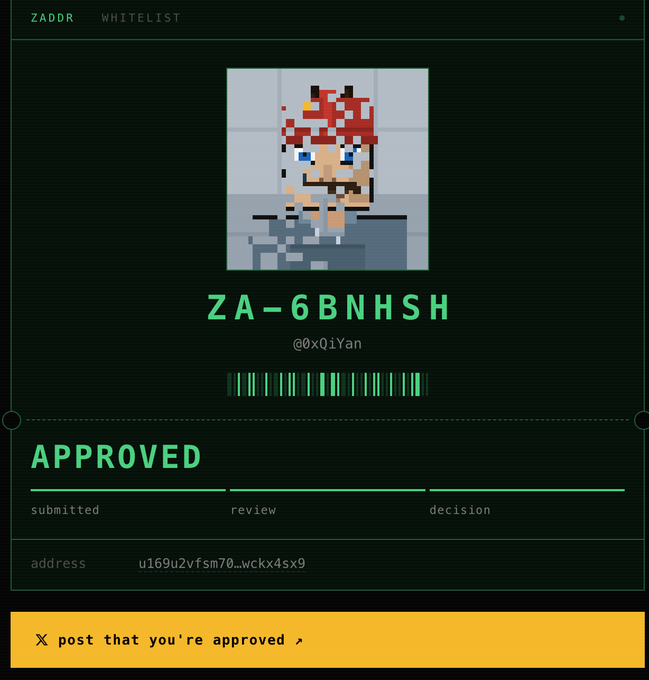 A digital approval certificate for "ZADDR WHITELIST" showing an APPROVED status with the code ZA-6BNHSH and a pixel art avatar.