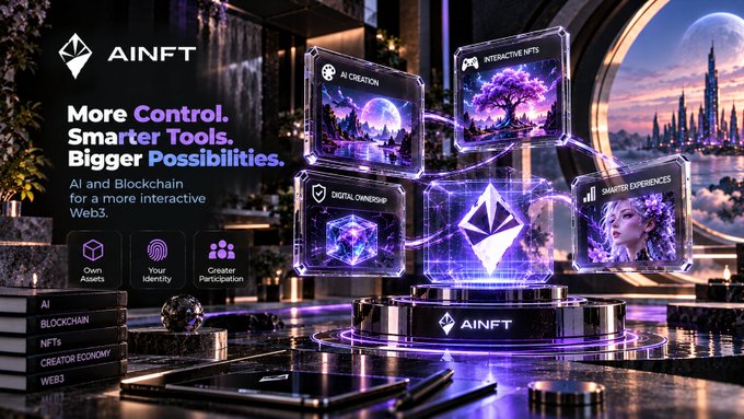 A promotional graphic for "AINFT" advertising "More Control. Smarter Tools. Bigger Possibilities." featuring AI and Blockchain for an interactive Web3 with categories like Own Assets, Your Identity, Creator Participation, AI Creation, Interactive NFTs, Digital Ownership, and Smarter Experiences.