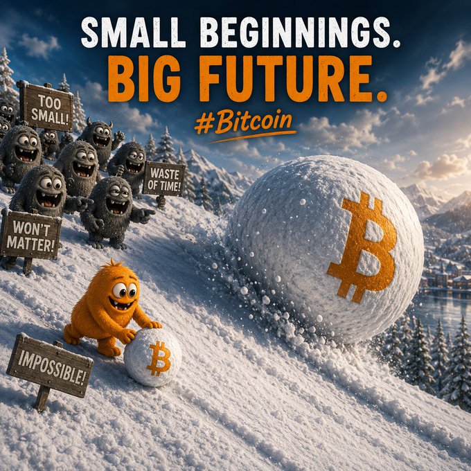 A motivational graphic featuring the text 'SMALL BEGINNINGS. BIG FUTURE. #Bitcoin' shows a small orange character pushing a tiny Bitcoin snowball up a mountain past skeptical gray creatures holding signs like 'TOO SMALL!', 'WASTE OF TIME!', and 'WON'T MATTER!', while a giant Bitcoin snowball rolls behind them.