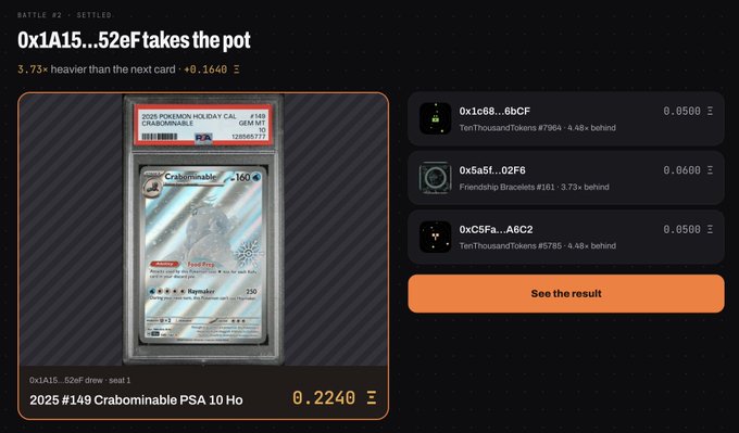A digital interface showing a settled trading card battle where '0x1A15...52eF takes the pot' with a PSA 10 Crabominable card worth 0.2240, with other tokens listed behind.
