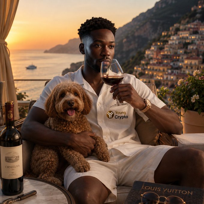 An AI-generated image of a man in a white outfit holding a wine glass and a fluffy brown dog, with a 'Young Crypto' logo on his shirt, a Louis Vuitton item, and an Ornellaia wine bottle against a coastal sunset backdrop.