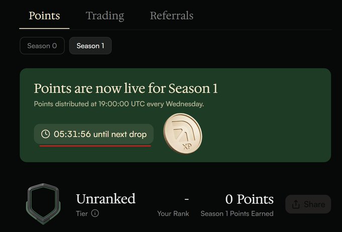 A dark-themed digital interface showing a 'Points' tab for 'Season 1' with text 'Points are now live for Season 1' and a countdown timer, displaying 'Unranked, 0 Points' for Season 1 Points Earned.