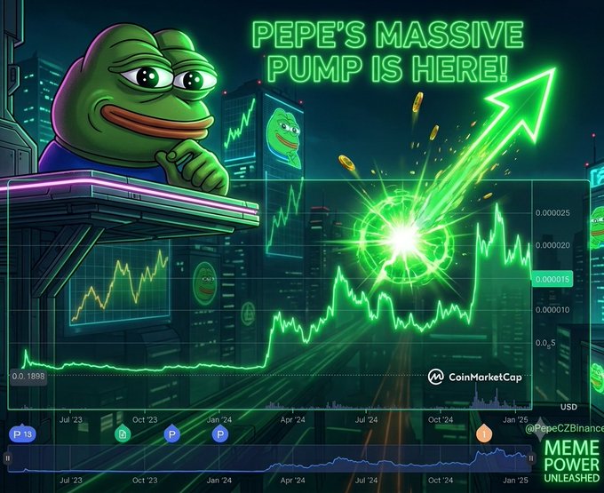 A Pepe the Frog-themed crypto promotion image displays a stock chart with the headline "PEPE'S MASSIVE PUMP IS HERE!" and "MEME POWER UNLEASHED", credited to "@PepeCZ Binance" with a CoinMarketCap logo.