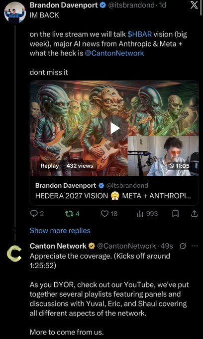 A X/Twitter post by Brandon Davenport (@itsbrandond) reading 'IM BACK' and promoting an upcoming live stream discussing 'SHBAR vision' and AI news from Anthropic and Meta, with a reply from Canton Network.