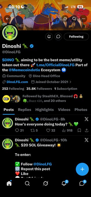 A Twitter/X profile for "Dinoshi @DinoLFG" displayed on mobile, featuring a green dinosaur avatar, a bio mentioning "$DINO aiming to be the best meme/utility token" and recent posts including a $20 SOL giveaway.