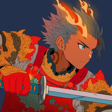 Anime-style artwork of a warrior with fiery spiky hair and ornate red and gold armor, wielding a katana in a combat stance.