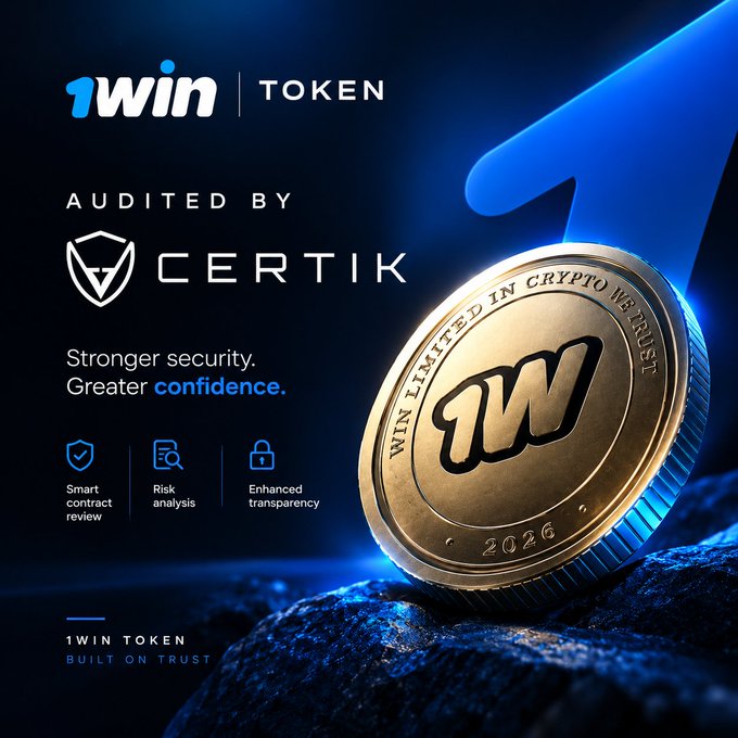 1WIN Token advertisement highlighting that it is audited by CertiK, with features like smart contract review, risk analysis, and enhanced transparency, tagged 'BUILT ON TRUST'.
