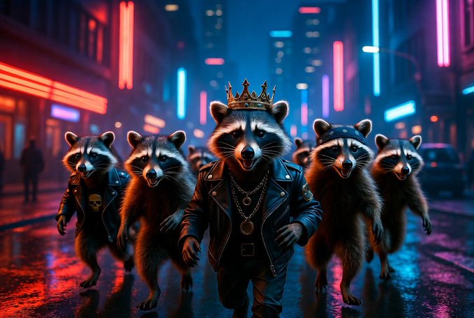 A cinematic illustration of a raccoon gang walking down a neon-lit cyberpunk city street at night, led by a raccoon wearing a golden crown and black leather jacket.