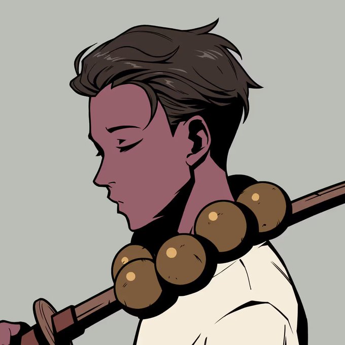 A digital illustration of a young man in profile with dark hair, wearing large brown prayer beads around his neck and carrying a wooden staff over his shoulder against a gray background.