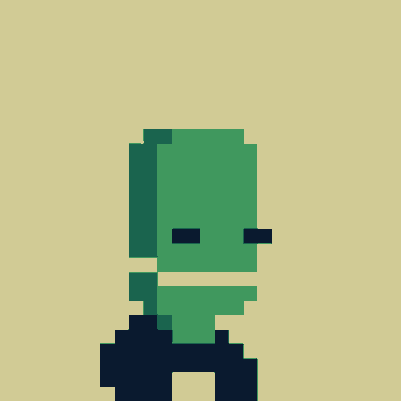 A pixel art illustration of a green-skinned character on a pale yellow background.