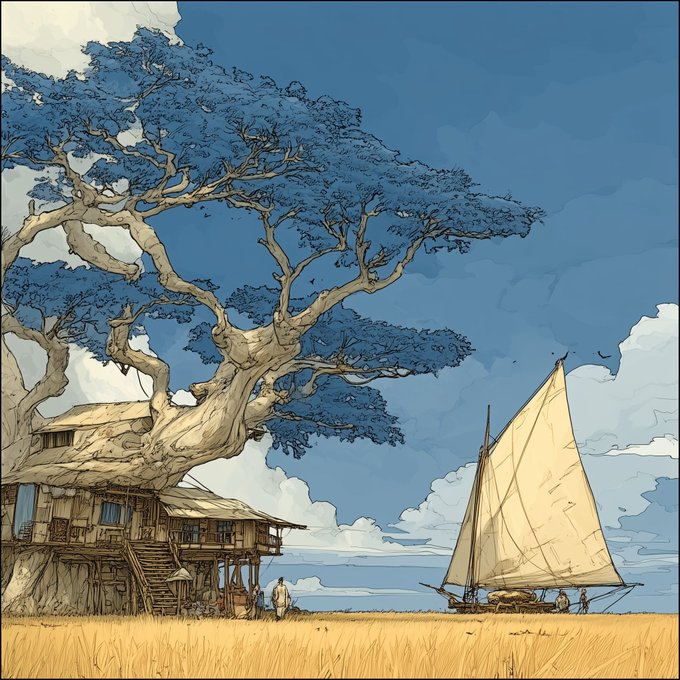 An illustrated scene of a large blue-canopied tree shading a wooden stilt house, with a sailboat and small figures in a grassy coastal landscape under a partly cloudy sky.