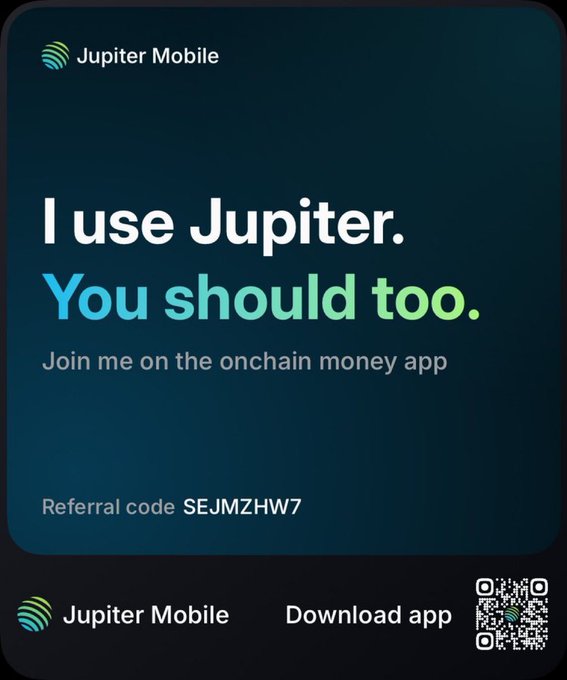 A dark-themed advertisement for Jupiter Mobile app reading 'I use Jupiter. You should too.' with referral code SEJMZHW7 and a QR code for downloading the app.