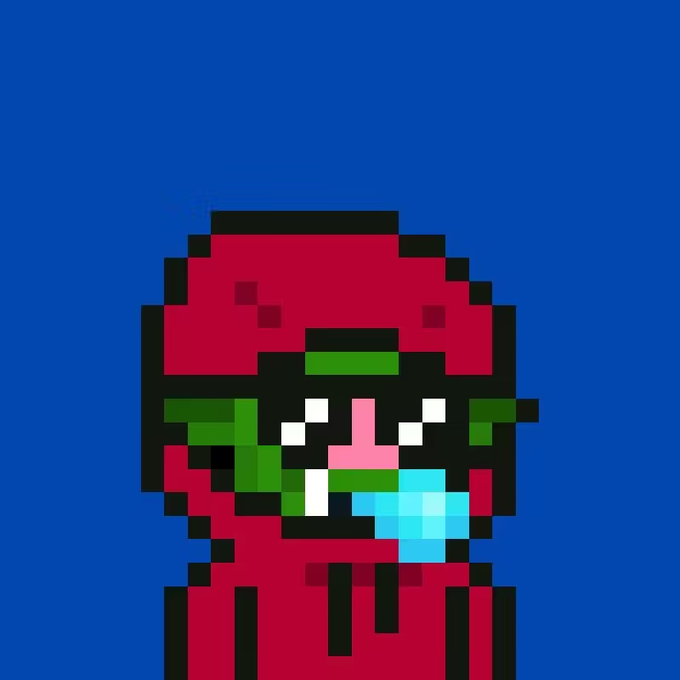 A pixel art character with a red hood and green scarf holds a blue glowing item against a solid blue background.