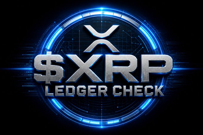 A futuristic blue and silver digital logo displays "$XRP LEDGER CHECK" alongside the XRP cryptocurrency emblem, framing a post about XRPL network activity showing over 1.92 million transactions processed, 2,237 new funded accounts, and 284.53 XRP burned by 15:00 UTC.