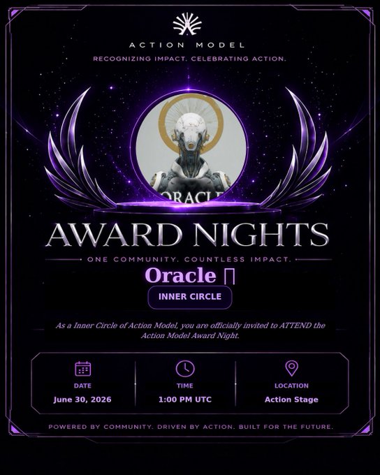 An 'Award Nights' invitation card from Action Model, themed 'Oracle - Inner Circle,' featuring a silver angelic statue with wings against a starry purple background, scheduled for June 30, 2026 at 1:00 PM UTC on the Action Stage.