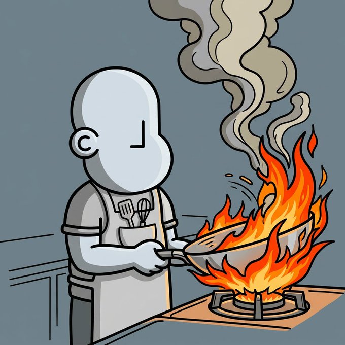 A cartoon illustration of a featureless chef cooking on a flaming pan, with thick smoke billowing upward from the fire.