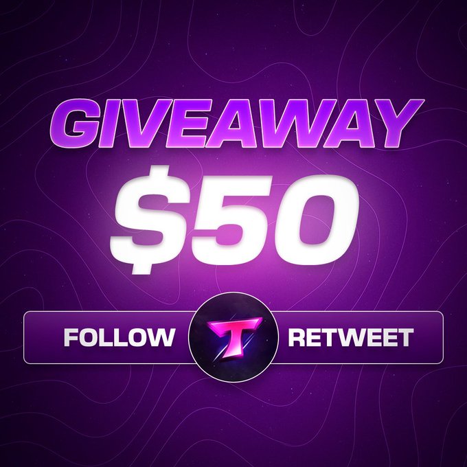 A purple promotional graphic advertising a "GIVEAWAY $50" with instructions to "FOLLOW" and "RETWEET" around a pink "T" logo.