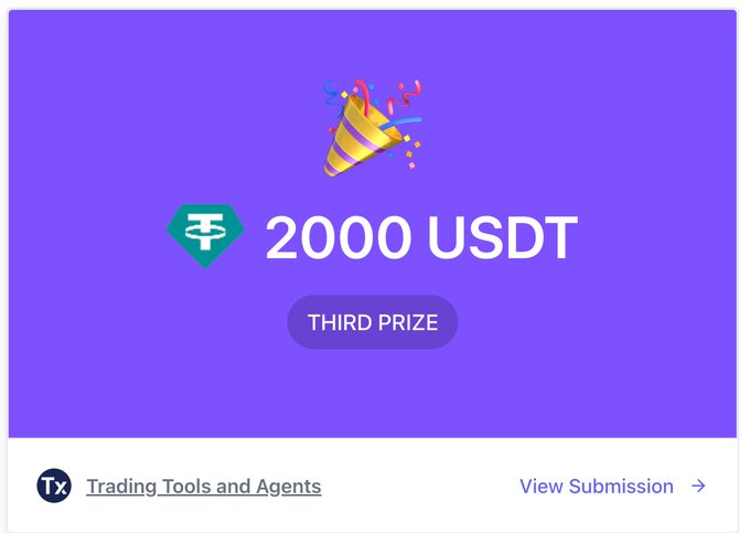 A purple graphic announcing '2000 USDT' as the 'THIRD PRIZE' for the 'Trading Tools and Agents' category, featuring a party popper illustration and a Tether logo.