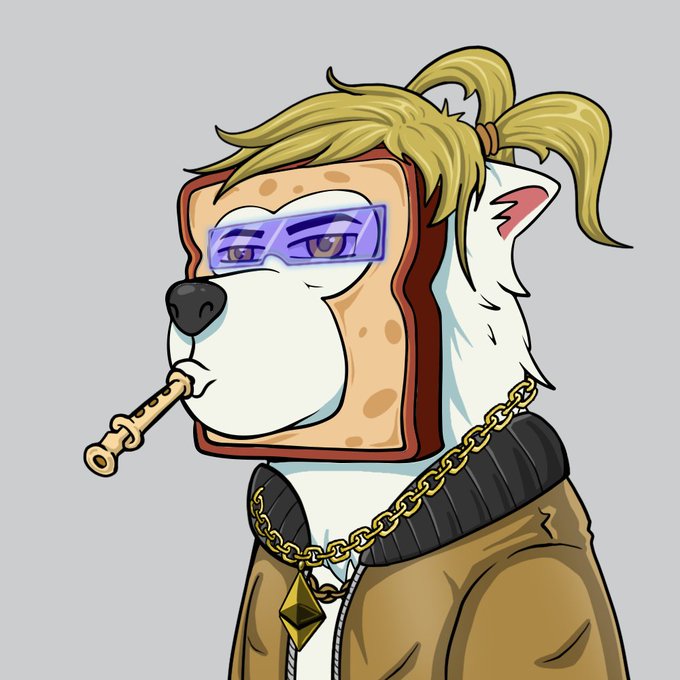 A cartoon illustration of a dog-like character wearing a wooden bread mask, purple sunglasses, a gold chain with an Ethereum pendant, and holding a bone in its mouth.