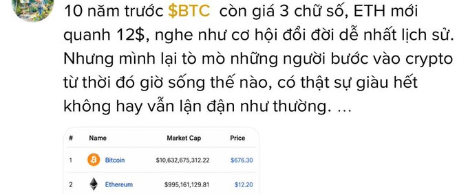 A Vietnamese social media post discussing how 10 years ago Bitcoin (BTC) was 3 digits and Ethereum (ETH) was around $12, asking whether early crypto adopters truly got rich or faded away, accompanied by a table showing Bitcoin's market cap of $10,632,675,312.22 at $676.30 and Ethereum at $995,161,129.81 at $12.20.