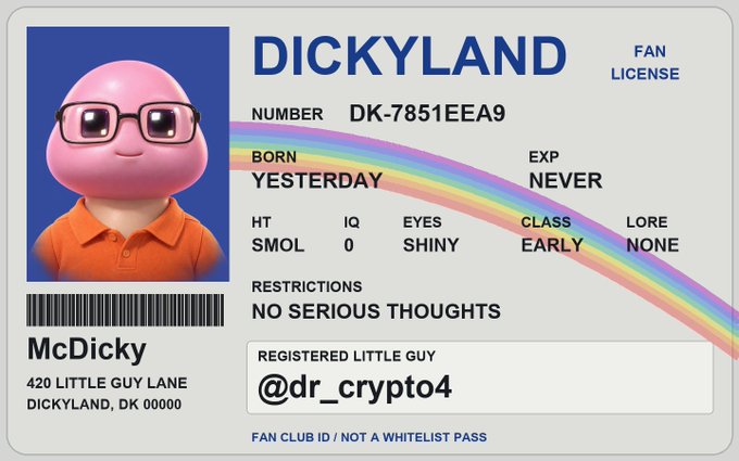 A stylized 'FAN LICENSE' ID card for 'McDicky' with a pink cartoon avatar, listing details like 'BORN YESTERDAY,' 'CLASS EARLY,' and restrictions on 'NO SERIOUS THOUGHTS.'