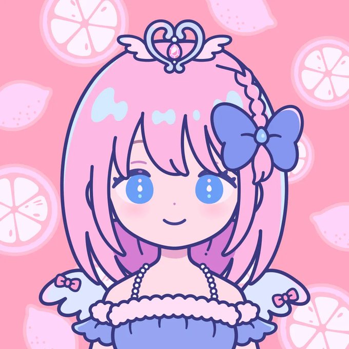 Cute anime-style illustration of a pink-haired girl wearing a blue princess dress with a tiara and blue bow, set against a pink background with citrus slice patterns.