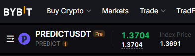 A Bybit crypto trading interface shows the PREDICTUSDT perpetual pre-market, priced at about 1.3704 with an index price of 1.3691, alongside the PREDICT token. The image supports the post’s discussion of PREDICT’s tokenomics, airdrop allocation, and premarket valuation.